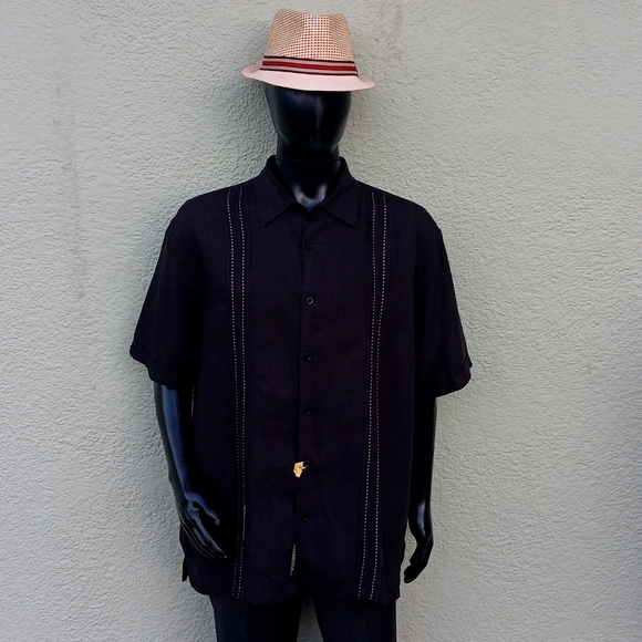 CUBAVERA MEN'S BLACK LINEN BLEND GUAYABERA SS BUTTON DOWN SHIRT - Picture 12 of 17